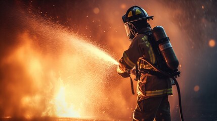 Brave firefighters use a fire extinguisher and water from a hose to extinguish a large fire.