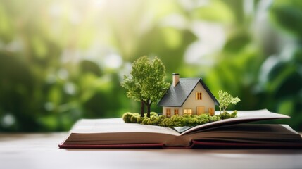 Miniature house on book background. Real estate and pro