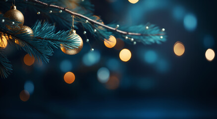 A close shot of Christmas tree branches with Christmas baubles. Background blurred