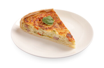 Piece of delicious homemade vegetable quiche isolated on white