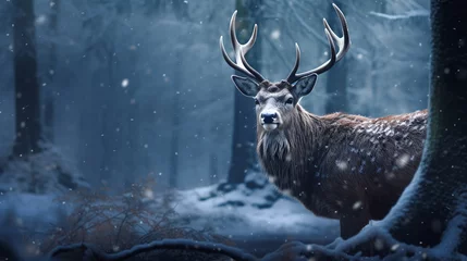 Fototapeten deer standing in the middle of the forest in winter scenery © Kordiush
