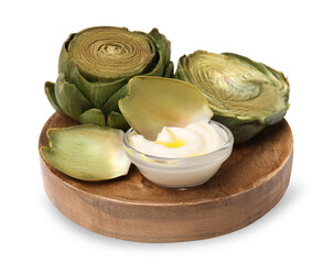 Delicious cooked artichokes with tasty sauce isolated on white