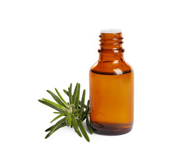 Sprig of fresh rosemary and essential oil on white background