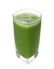 Glass of fresh celery juice on white background