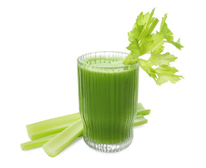 Glass of celery juice and fresh vegetable on white background