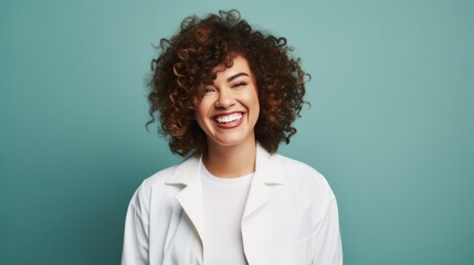 Obraz premium Joyful Laughing Female with Curly Hair - Beautiful Smiling Woman Portrait against a blue pastel background - Generative AI