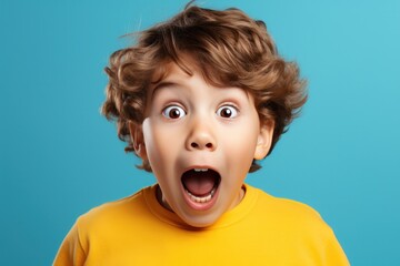 Excited Child with Wide Open Eyes and Mouth in Surprise in blue pastel background - Generative AI