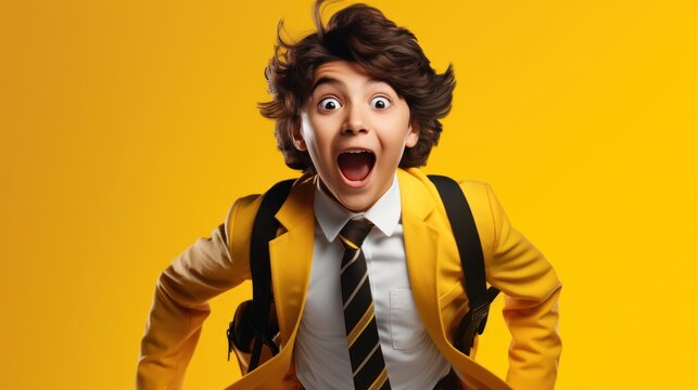 Surprised Jumping Hispanic kid with Wavy Hair Excited in yellow pastel background - Generative AI