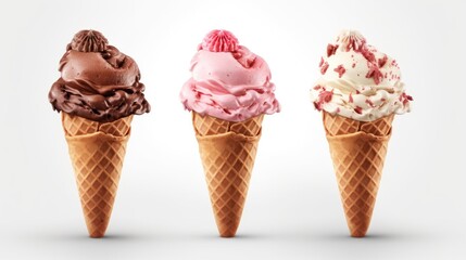 set of Chocolate, vanilla and strawberry splash of Ice cream cone flavor with clipping path, 3d, dessert, sweet, food, ice cream, delicious, gen by AI.