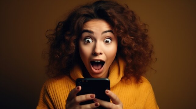beautiful woman exited surprise face expression . female feels shocked. exciting smile and happy adorable rejoices. Very enjoy and fun relax time. wow, girl holding smartphone. Smile.