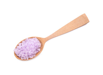 Wooden spoon with violet sea salt isolated on white, top view