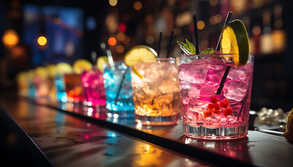 Food photography - A line of colourful cocktails on a bar, backlit, bright colours, fresh fruit - obrazy, fototapety, plakaty
