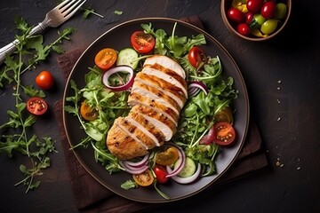 Top view of plate with Chicken fillet with salad - obrazy, fototapety, plakaty
