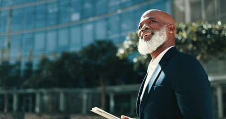 Mature man, tablet and outside of office park, work and texting for networking, smile and technology. City buildings, happiness and read email for notification, employee or startup business idea