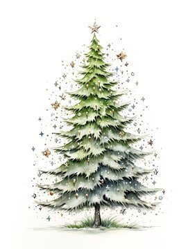 Festive holiday tree with decorations in a painted style.