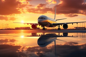 Fototapeta na wymiar Sunset view of an airplane on the airport runway. Aviation technology and world travel concept