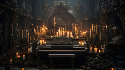 Dark academia, piano, candles, antiques, library, castle