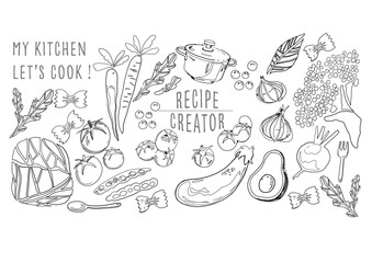 手描きベジタブルイラスト、ラフなデザイン要素セット。レシピカードやバナー制作に