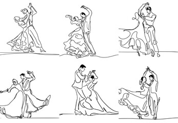 one-line drawing of couples dancing flamenco , simple and minimalist, vector - obrazy, fototapety, plakaty