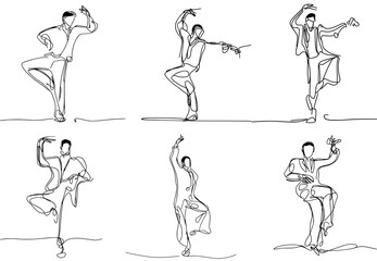  one-line drawing of flamenco men dancers , simple and minimalist, vector