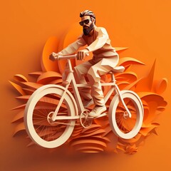 a man in glasses rides a bicycle on a 3D background