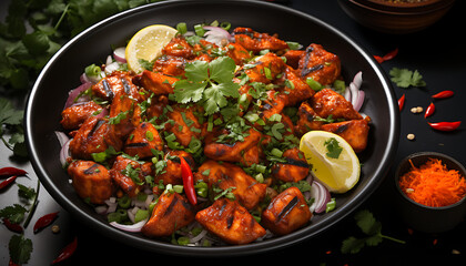 Fototapeta premium Professional food photography - Cooked chicken with garnish, chillis, lemons, carrots