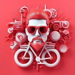 3D character of adult man in glasses and bicycle on pink background