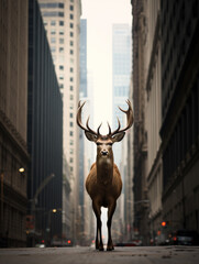 A Photo of a Deer on the Street of a Major City During the Day