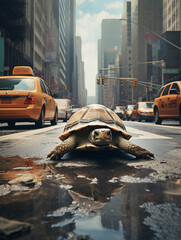 A Photo of a Sea Turtle on the Street of a Major City During the Day