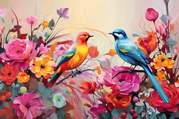 Fairytale abstraction using bright flowers and colorful birds 