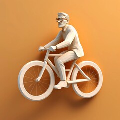 3D character of man riding a bicycle on an orange background
