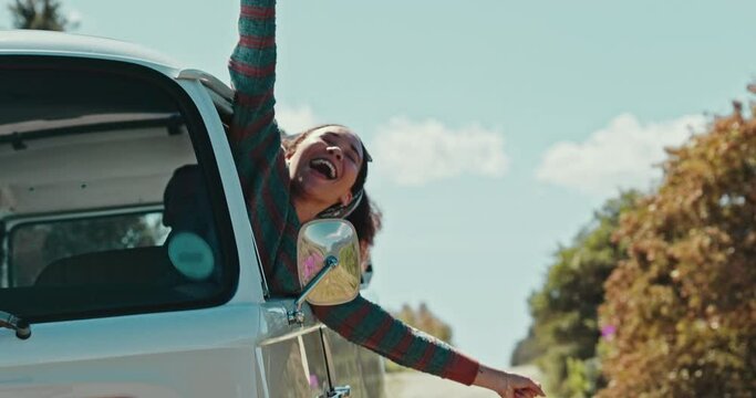 Van, happy and woman out of window for freedom, fresh air and wind on holiday, summer vacation or road trip celebration. African person on journey in car, adventure and excited to travel in transport
