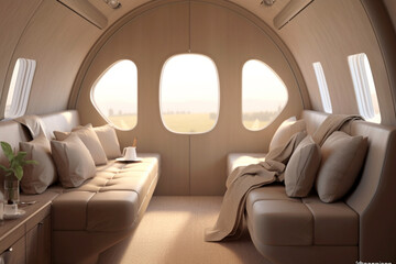 Sofa-filled beige aircraft interior., generative ai