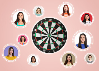 Target audience. Dartboard surrounded by photos of potential clients on pink background