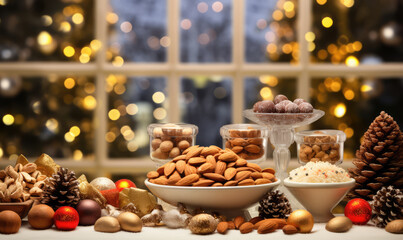 Fototapeta na wymiar Delicious oilseeds at Christmas, walnuts, almonds, raisins, chestnuts, pistachios, macadamia nuts.