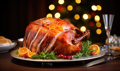 Christmas smoked roast pork ham cut on wooden board with Christmas decoration.