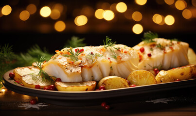Delicious Christmas cod baked in super detail on a tray on the table decorated for Christmas Eve. - obrazy, fototapety, plakaty