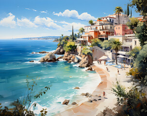 Fantasy travel destination like a Greek beach with coastline, waves, and buildings along the shore - obrazy, fototapety, plakaty