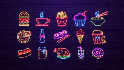 A set of neon glowing bright icons of fast food for a restaurant, cafe, bar and snack bars on a brick wall background in the colors blue, green, yellow and red. © Dmytro