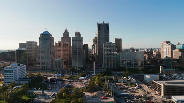 Detroit, Michigan, United States. panoramic wide aerial view of the city of Detroit. Central Business District and Detroit river. Aerial shot