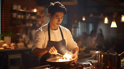Young Asian chef is cooking in the kitchen. He cooked food in a pan surrounded by fire. - obrazy, fototapety, plakaty