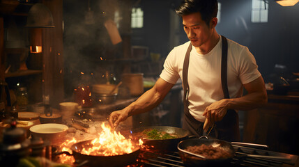 Fototapeta na wymiar Young Asian chef is cooking in the kitchen. He cooked food in a pan surrounded by fire.