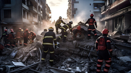 Rescuers are rescuing victims from the rubble of collapsed buildings in the city. Many rescuers have to help each other. - obrazy, fototapety, plakaty