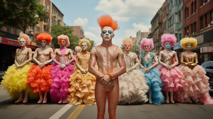 A colorful parade of gays taking place on the streets of the city center