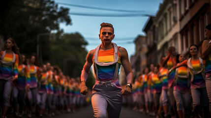 A colorful parade of gays taking place on the streets of the city center - obrazy, fototapety, plakaty
