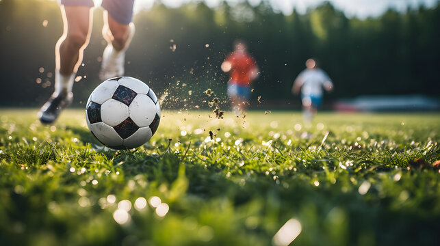 Close-Up Soccer Action: Football on Green Grass Field 