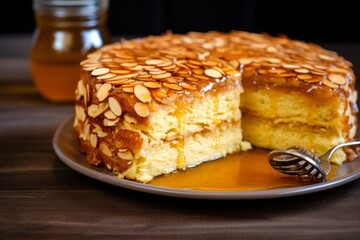 mouthwatering delight of a scrumptious, buttery German Bienenstich cake, layered with creamy honey and topped with golden almonds - a tempting