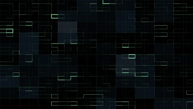 Motion graphic of Blue digital artificial intelligence AI icon and data matrix simulation with futuristic HUD screen technology on blue abstract background