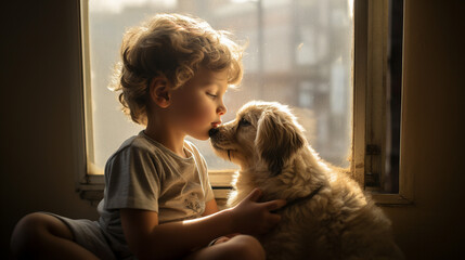 A beautiful emotional connection between a child and a pet dog - obrazy, fototapety, plakaty