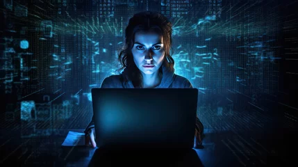 Foto op Plexiglas Cyber security concept. A female hacker, programmer, in a hood working in a dark working space is hacking others' privacy, personnal information, with glowing code around her © KikkyCNX